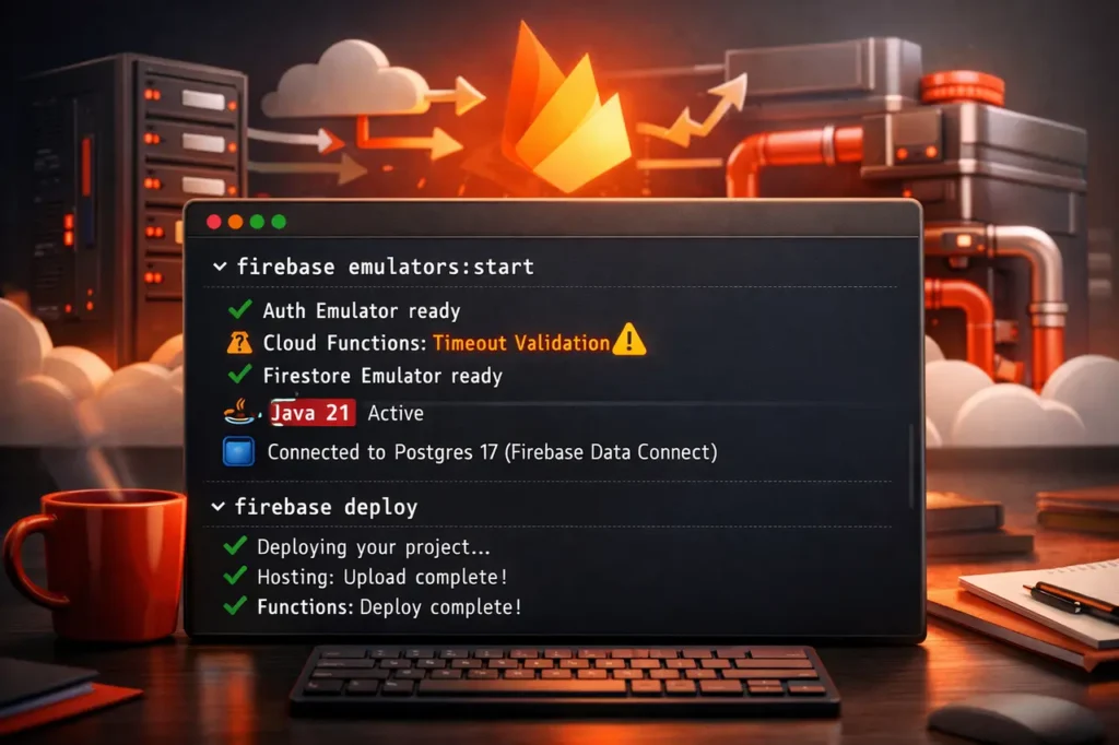Firebase CLI v15 feature image showing terminal commands, Java 21 emulator requirement, strict Cloud Functions timeout validation, and Postgres 17 Data Connect update.