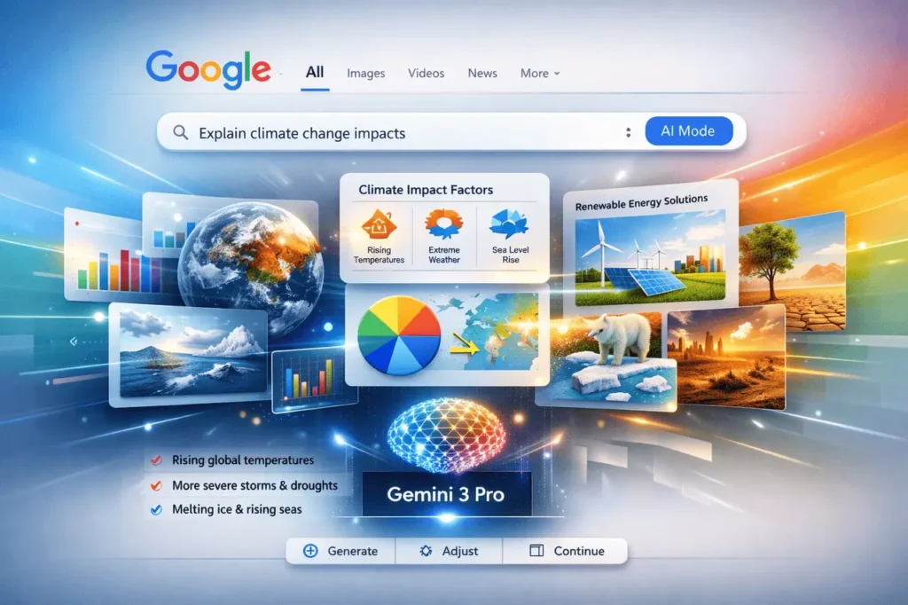 Gemini 3 Pro in Google Search AI Mode displaying visual AI-powered search results with interactive charts and advanced reasoning.
