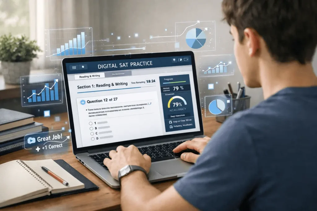 Gemini SAT practice test interface showing a student taking a full-length digital SAT exam with AI-powered feedback.
