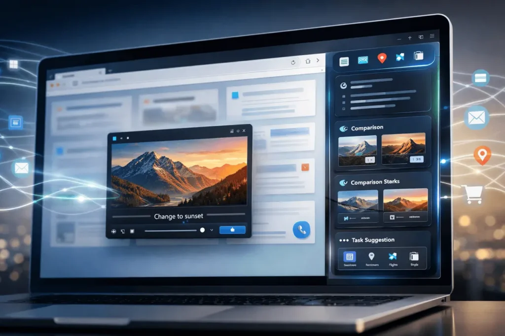 Gemini in Google Chrome showing an AI side panel, auto browse capabilities, connected apps, and image editing features within the browser.