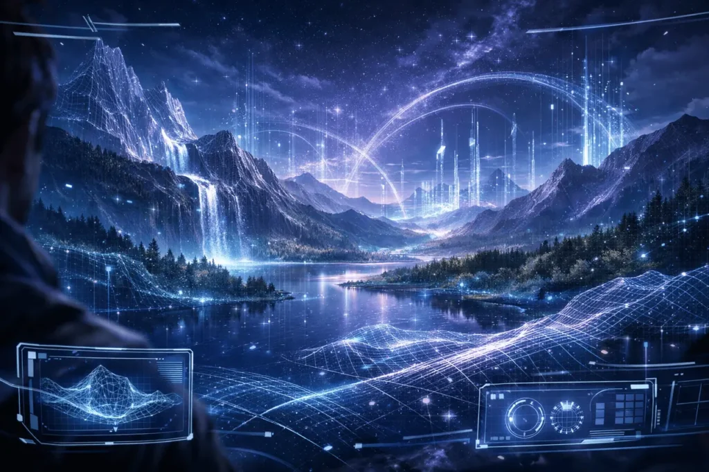 Genie 3 AI world model generating an interactive 3D environment with immersive, explorable virtual landscapes.