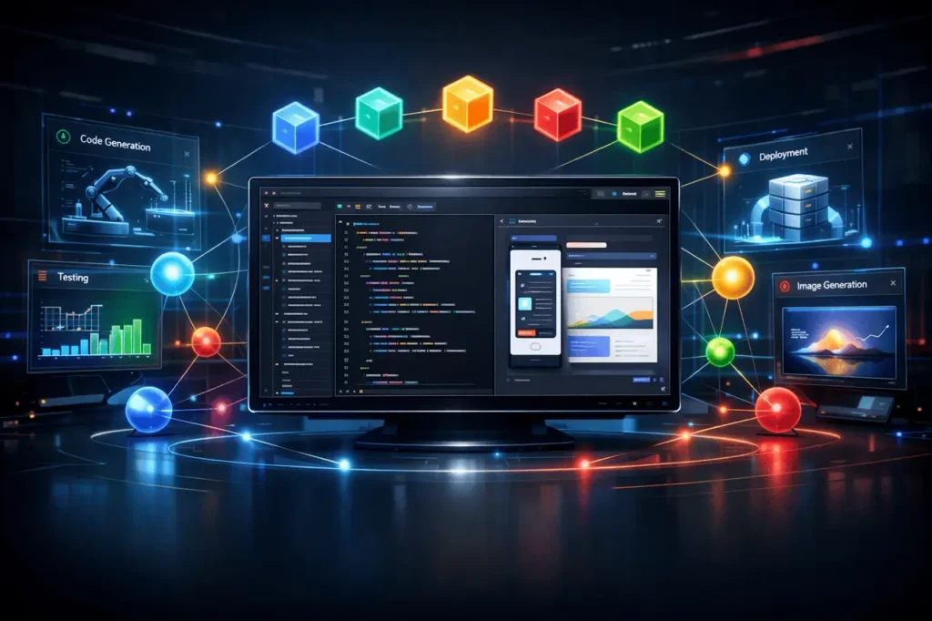 Google Antigravity IDE interface showing autonomous AI agents running in the background with model switching, MCP server deployment, and native image generation.