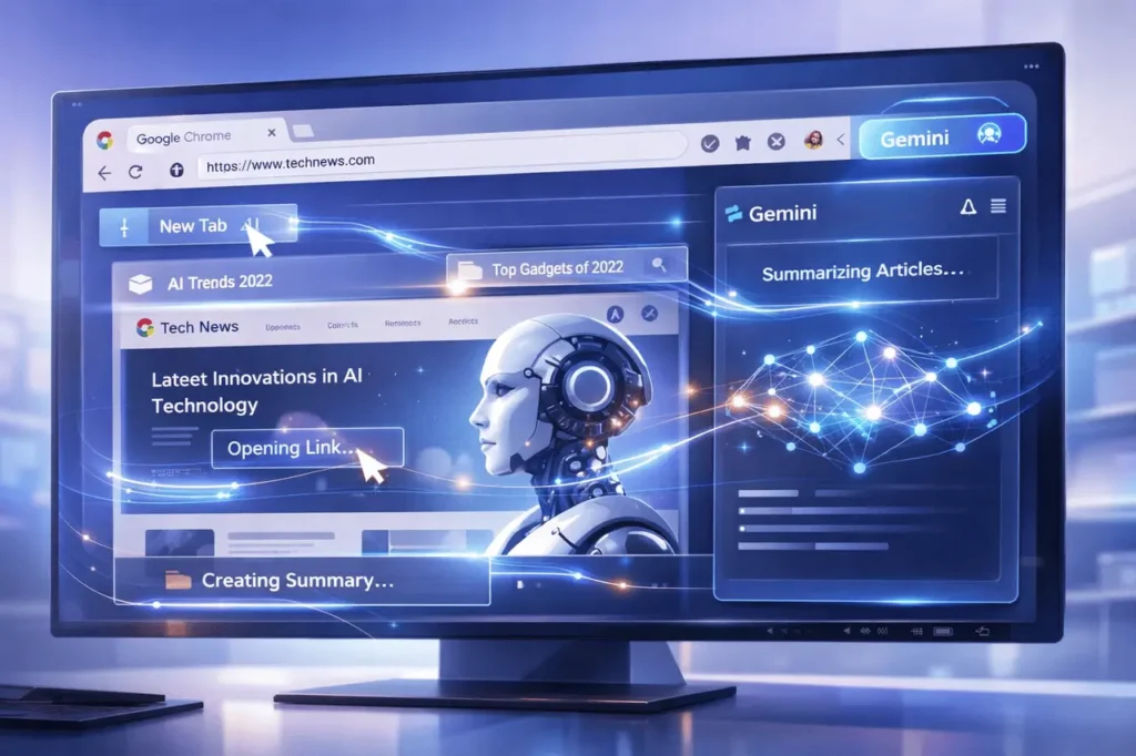 Google Gemini Auto Browse interface illustrating agentic AI automating actions inside the Chrome browser.