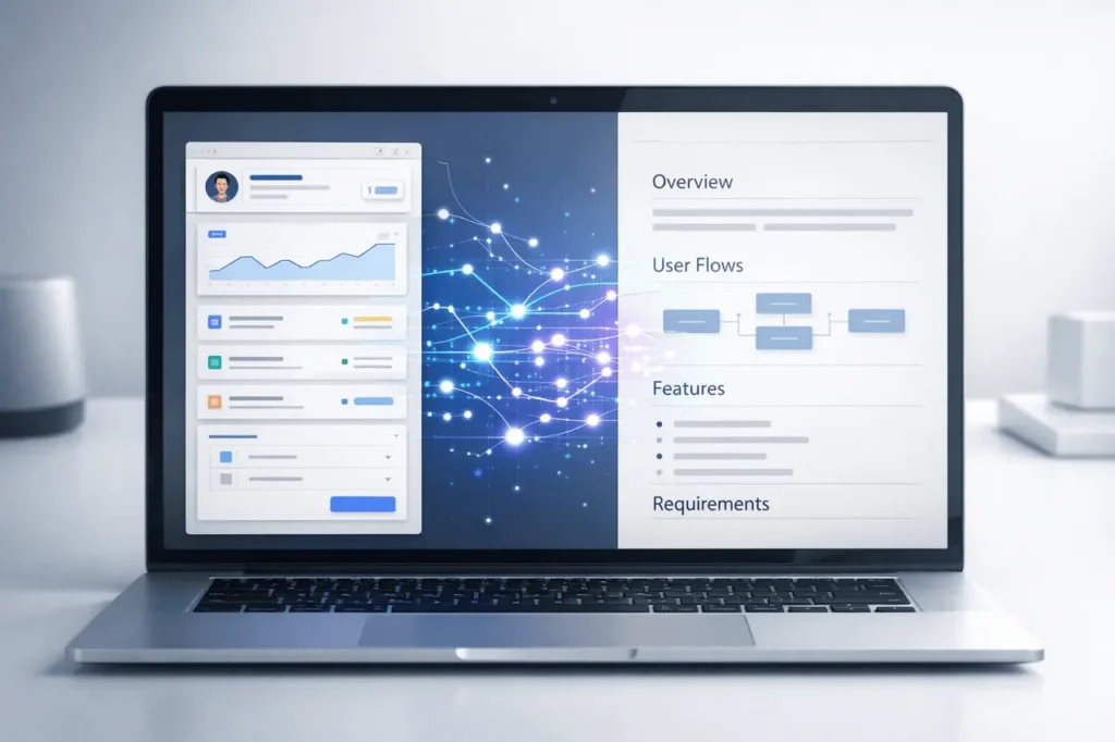 Google Stitch PRD generation showing AI-generated UI design, prototype flow, and automated product requirements document in a unified workspace.