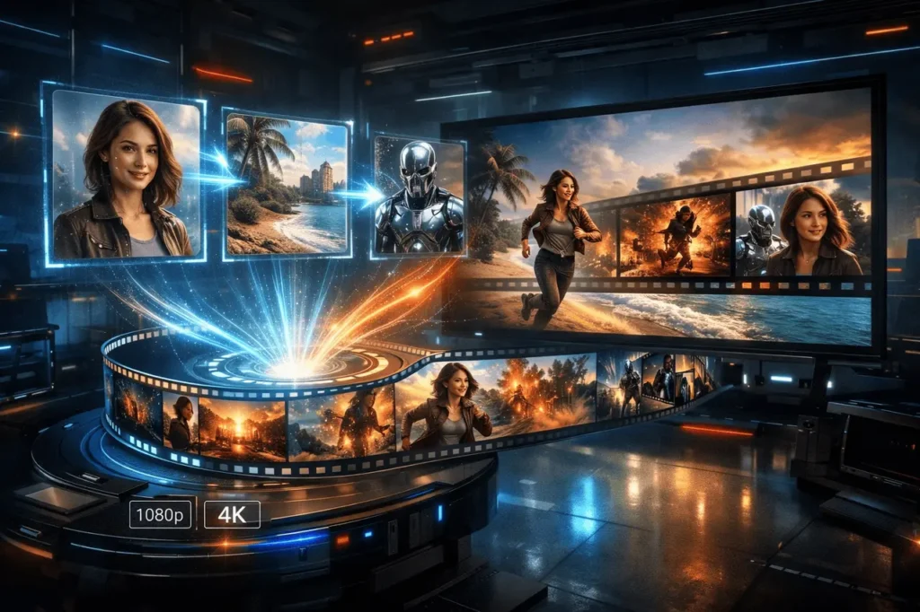 Google Veo 3.1 AI video generation showing Ingredients to Video workflow with consistent scenes, expressive visuals, and 4K upscaling.