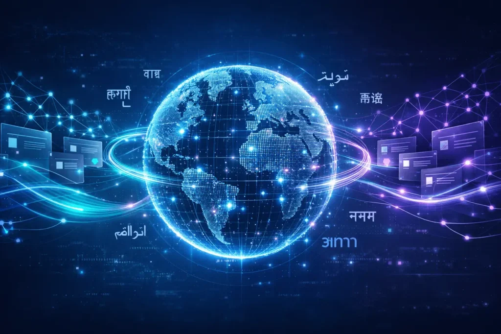 TranslateGemma open AI translation model visual showing multilingual language support across a global digital network.