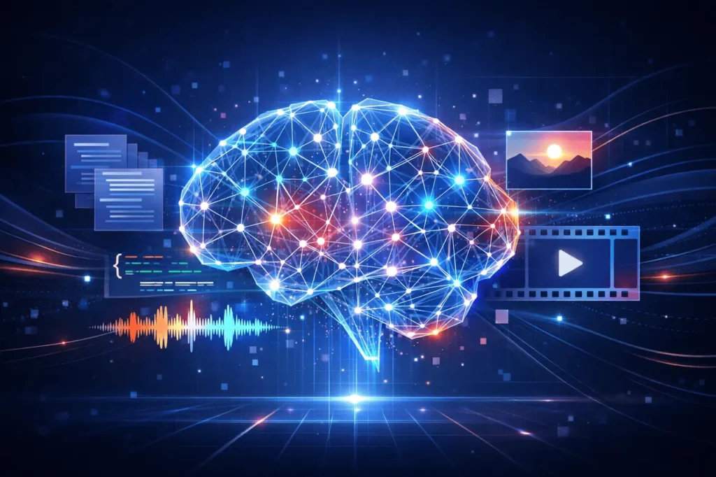 Gemini AI multimodal artificial intelligence model visualizing text, images, code, audio, and video processing.