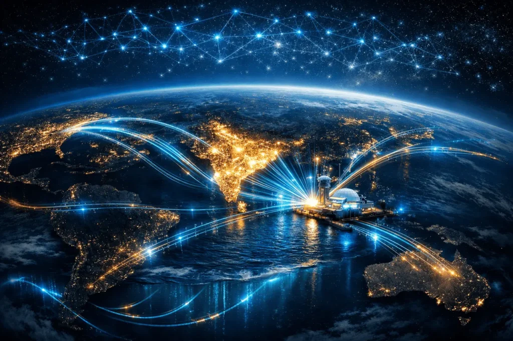 Current image: America-India Connect global digital infrastructure map showing India as a central hub with subsea cables and fiber routes linking four continents.