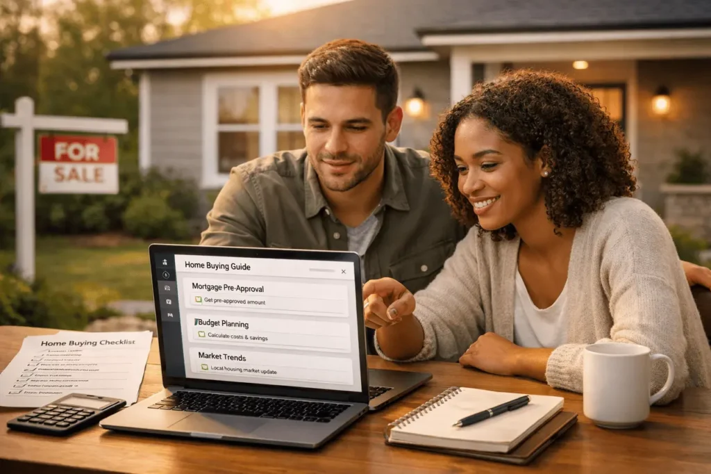 Current image: First-time home buyers reviewing mortgage documents on a laptop while preparing to purchase their first home.