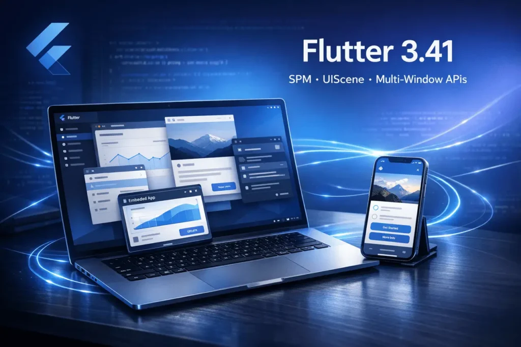 Flutter 3.41 feature image showing desktop multi-window apps, iOS integration with Swift Package Manager and UIScene support, and cross-platform development setup.