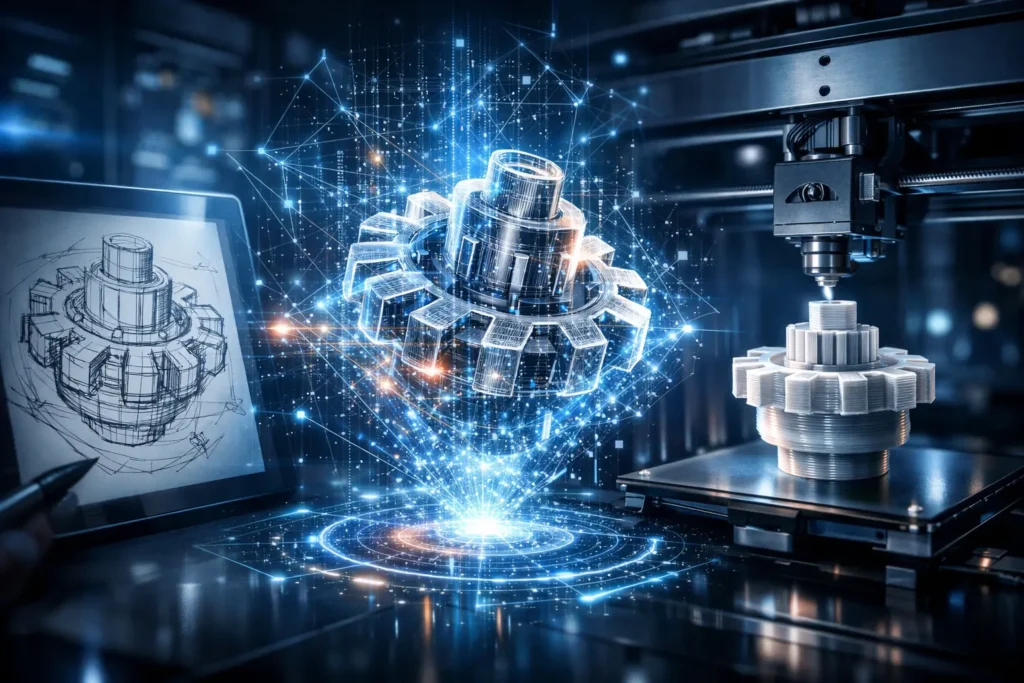 Gemini 3 Deep Think AI transforming a hand-drawn sketch into a 3D-printable model through advanced reasoning and system modeling.