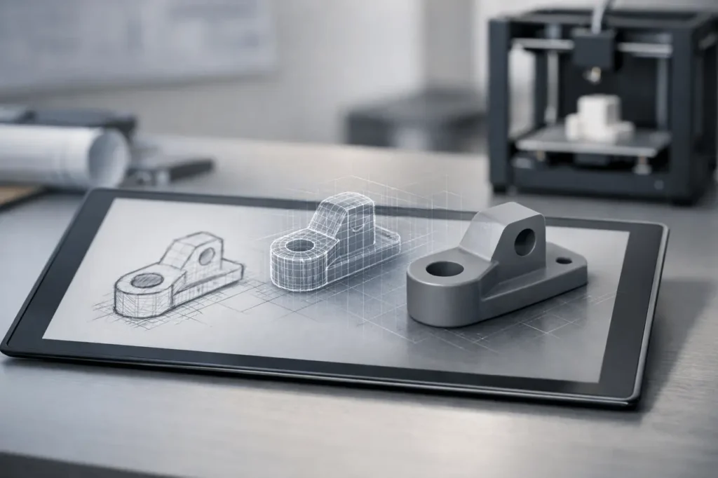 Gemini 3 Deep Think converting a hand-drawn sketch into a 3D-printable model in a modern engineering workspace.