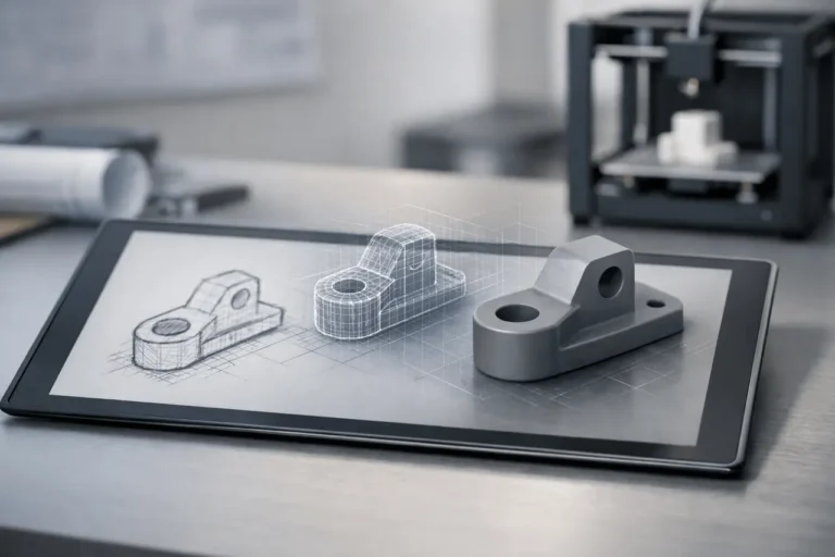 Gemini 3 Deep Think converting a hand-drawn sketch into a 3D-printable model in a modern engineering workspace.