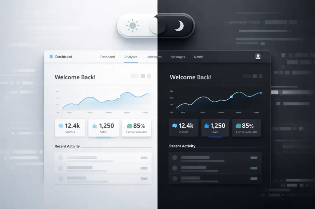 Gemini 3 Flash color mode switch showing light and dark website themes with a modern UI toggle and AI-assisted CSS styling.