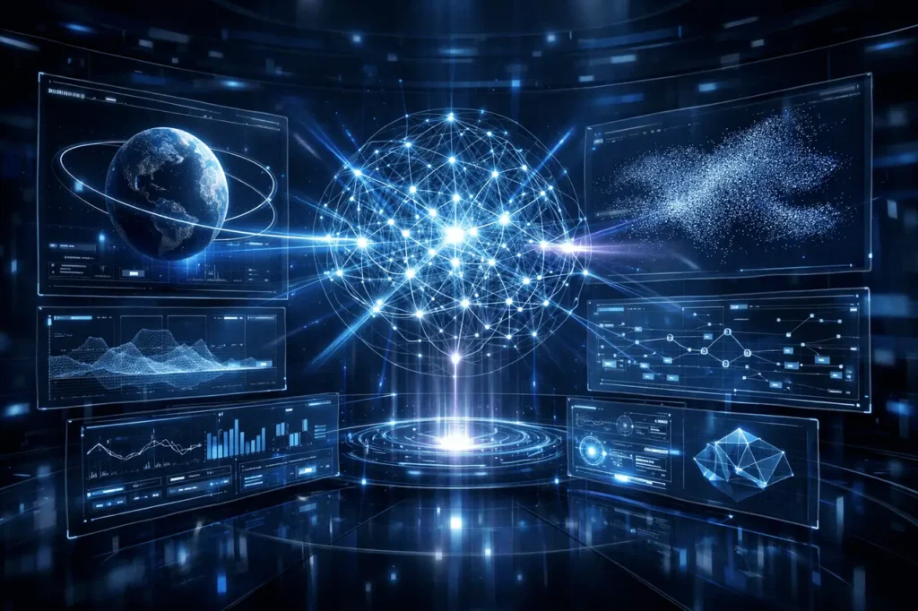 Current image: Gemini 3.1 Pro advanced AI reasoning model visualized as a futuristic holographic system with interconnected logic nodes, real-time data streams, and interactive dashboards.