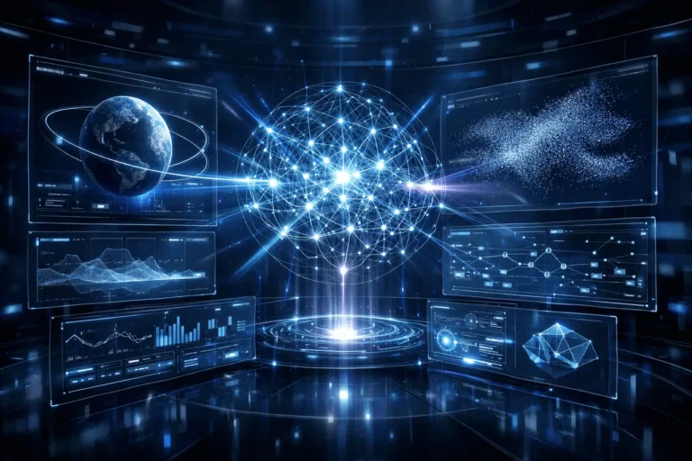 Gemini 3.1 Pro advanced AI reasoning model visualized as a futuristic holographic system with interconnected logic nodes, real-time data streams, and interactive dashboards.