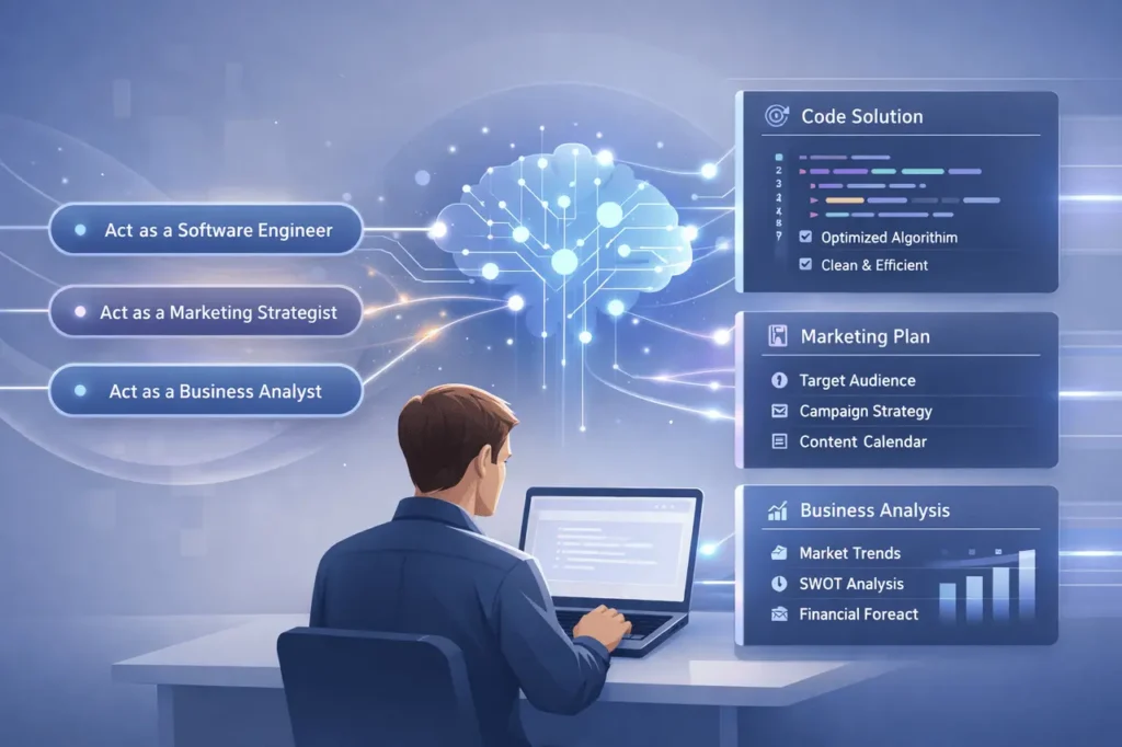Gemini prompt persona illustration showing how role-based prompting improves AI response quality and clarity.
