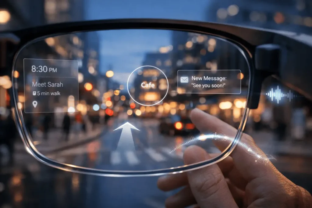 Glimmer Google’s UX Design for Smart Glasses Glimmer UX design language interface displayed on transparent smart glasses with glanceable AR elements and voice, gesture, and eye-tracking interaction overlays..