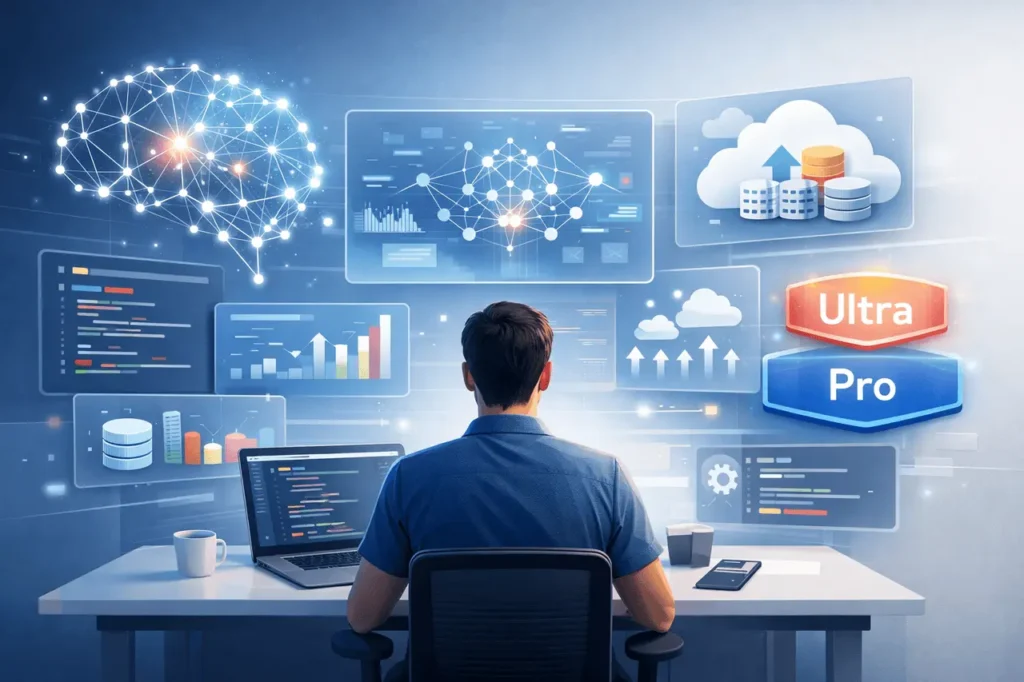 Google AI Pro feature image showing integrated AI tools, developer benefits, and cloud infrastructure for building and deploying intelligent applications.