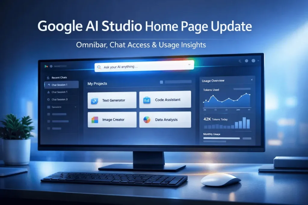 Google AI Studio home page update showing redesigned dashboard with Omnibar, chat history panel, and project usage insights.