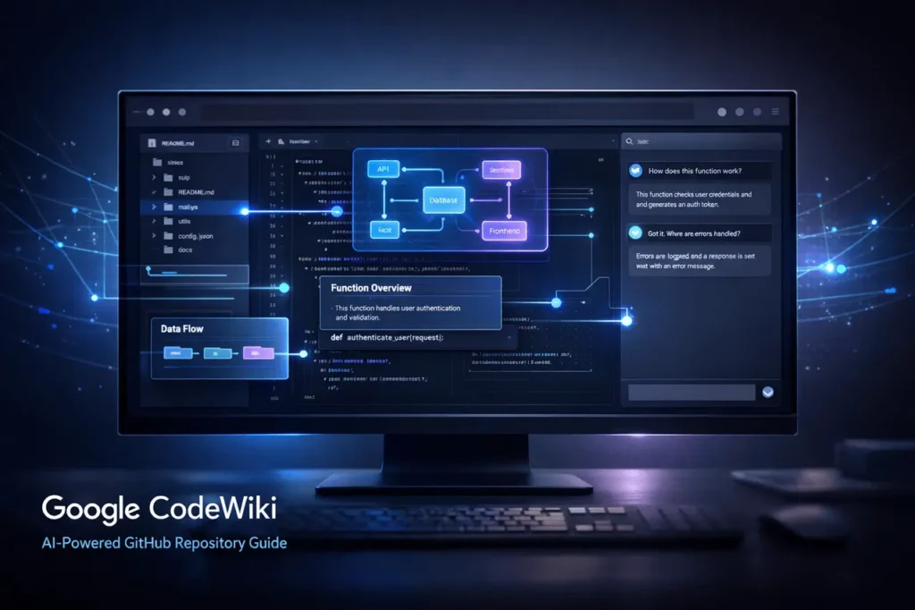 Google CodeWiki AI tool transforming a GitHub repository into an interactive guide with architecture diagrams, code explanations, and chatbot interface.