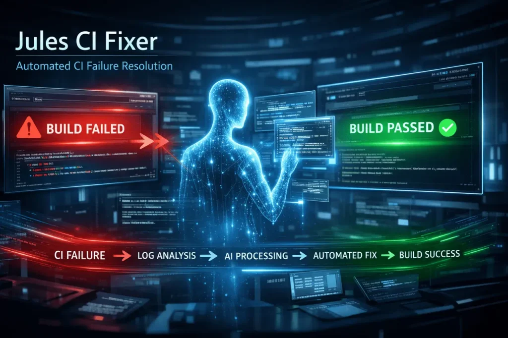 Current image: Jules CI Fixer automating CI failure resolution within a continuous integration pipeline dashboard.