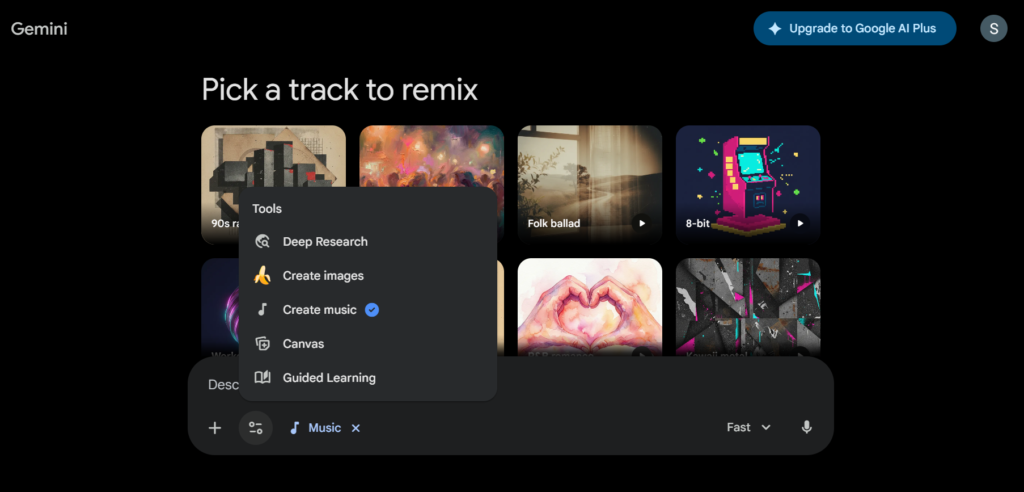 Lyria 3 in Gemini AI music generation interface creating a high-fidelity track from text, image, and video inputs with SynthID watermark integration.