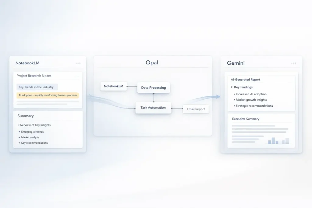 Current image: NotebookLM Opal Integration powering Gemini workflows with contextual notebook data and AI-driven automation interface.