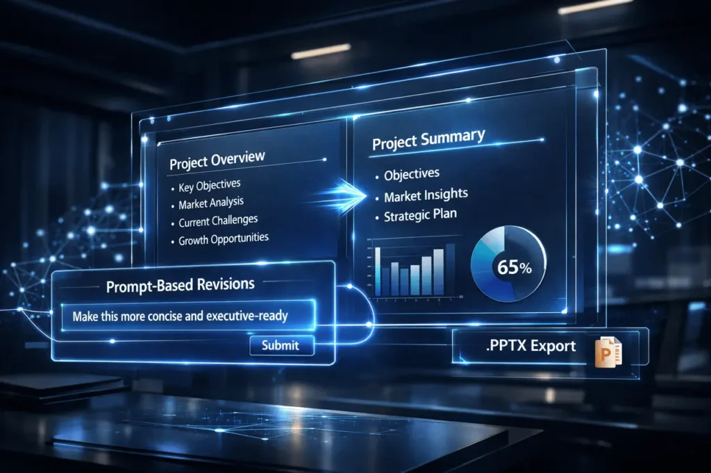 Current image: NotebookLM Prompt-Based Revisions interface showing AI-driven slide editing with prompt input and PPTX export option on a modern laptop screen.