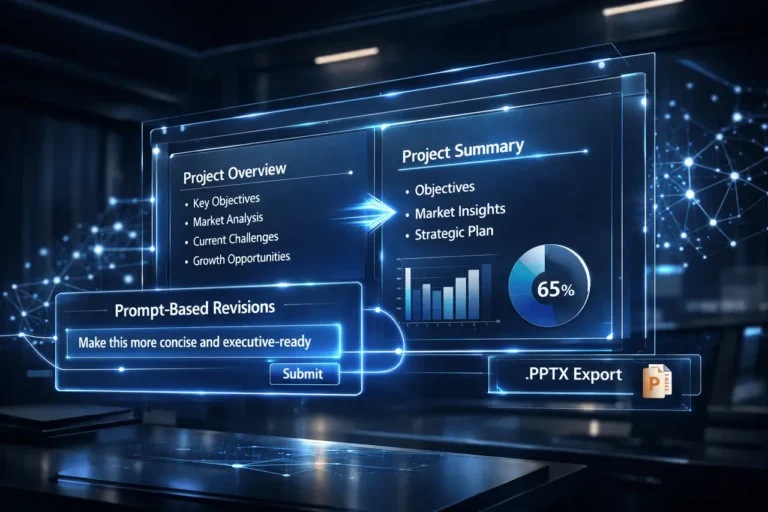 NotebookLM Prompt-Based Revisions interface showing AI-driven slide editing with prompt input and PPTX export option on a modern laptop screen.