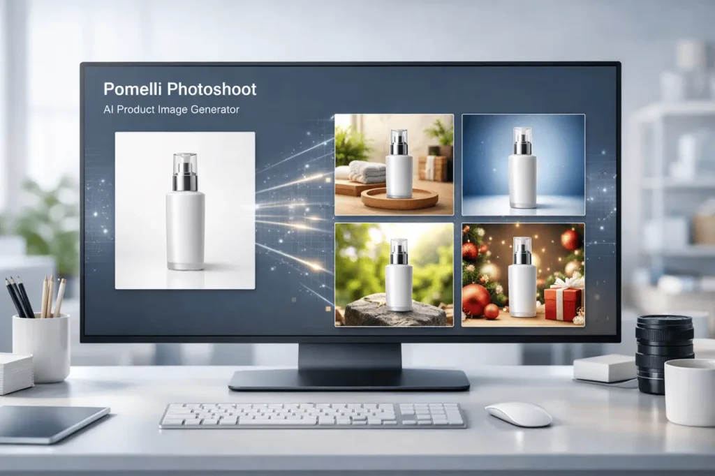 Current image: Pomelli Photoshoot AI product image generator creating customized marketing product shots from a single image.