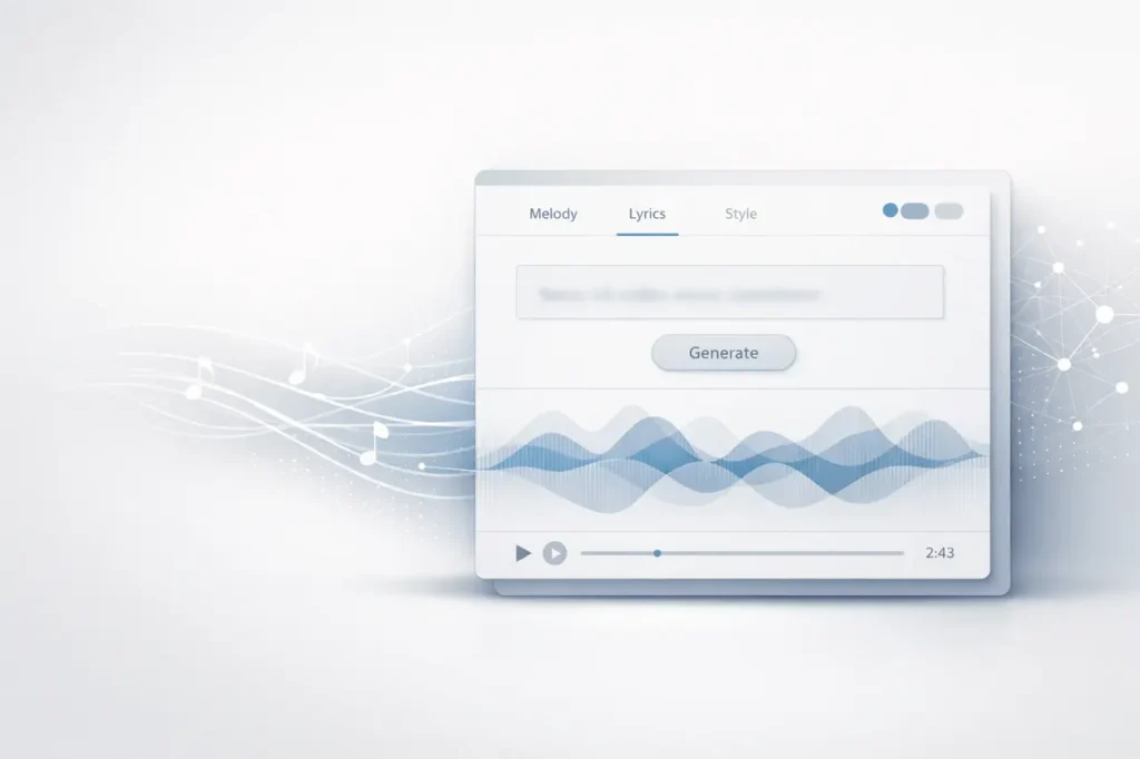 Current image: ProducerAI joins Google Labs illustrated with a minimal AI music creation interface, neural network visuals, and subtle waveform design in a clean tech editorial style.