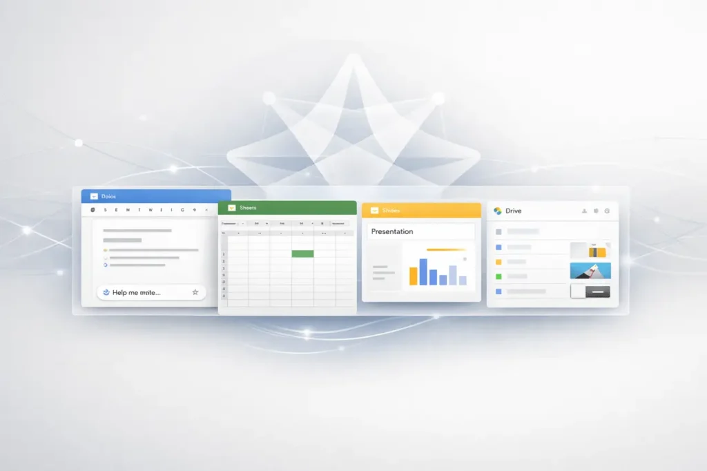 Gemini Powered Google Workspace interface showing AI Overviews and AI-generated slides across Docs, Sheets, Slides, and Drive.