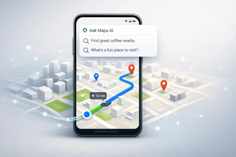 Google Maps Gemini update showing AI-powered Ask Maps search and immersive navigation interface.